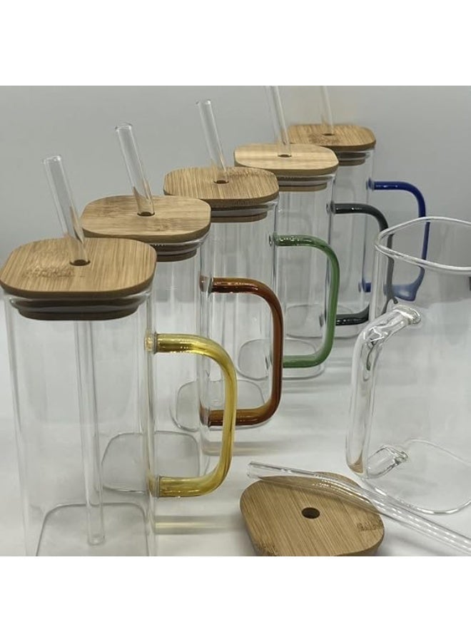 كوب زجاجي فاخر مع غطاء من الخيزران ومصاص زجاجي – كوب عصري للمشروبات الباردة مع يد ملوّنة – كوب قابل لإعادة الاستخدام للمشروبات مثل القهوة الباردة، العصير، الحليب والشاي - Image 2